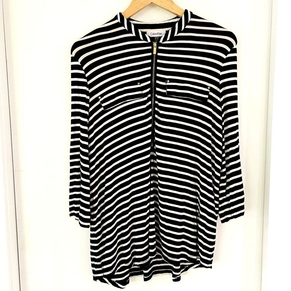Calvin Klein Womens Plus Size 0X Black White Striped Top 3/4 Sleeve Front Zipper